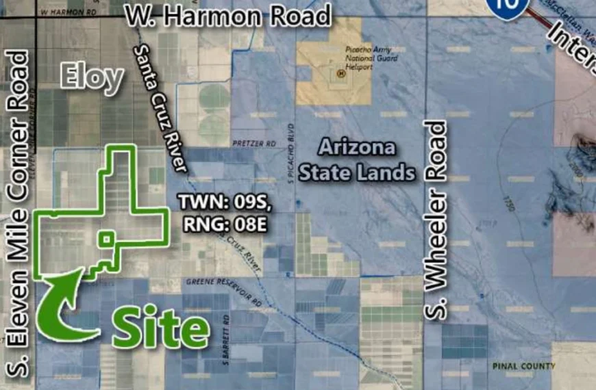 Map showing the Eloy Valley Energy Center III site outlined in green south of Eloy, Arizona, near the Santa Cruz River and southwest of Interstate 10.