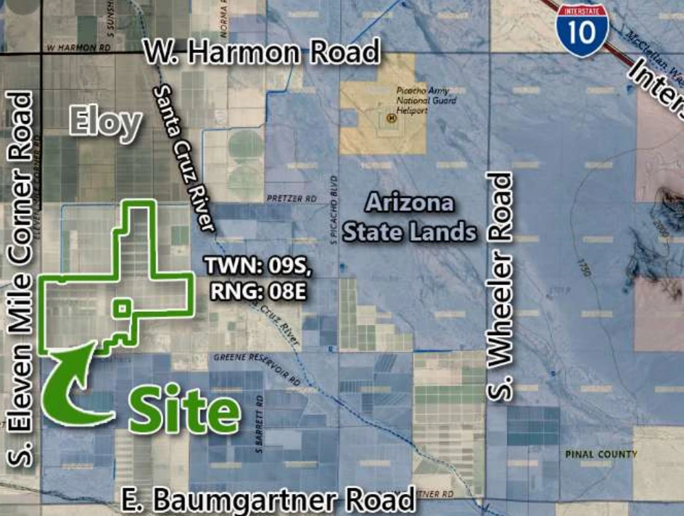 Map showing the Eloy Valley Energy Center III site outlined in green south of Eloy, Arizona, near the Santa Cruz River and southwest of Interstate 10.