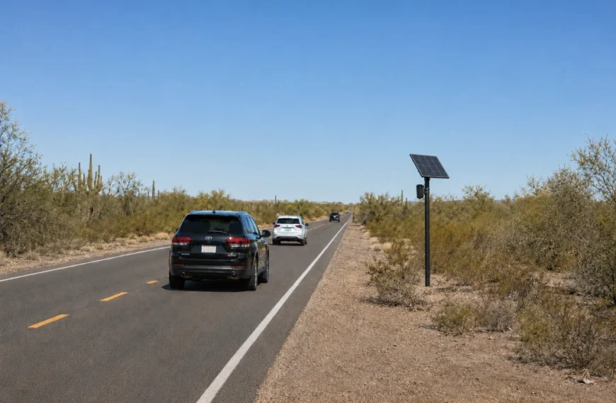 "A solar-powered Flock license plate camera on a pole beside a two-lane desert road in Pinal County, Arizona, with vehicles passing by.