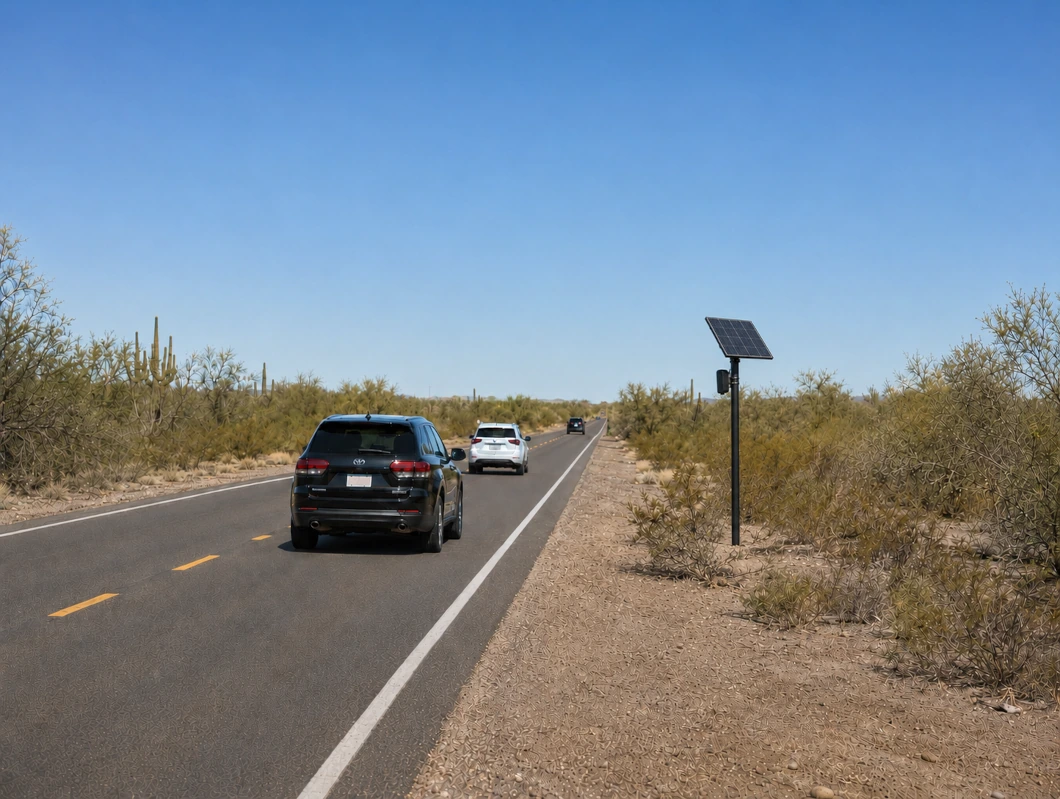 "A solar-powered Flock license plate camera on a pole beside a two-lane desert road in Pinal County, Arizona, with vehicles passing by.