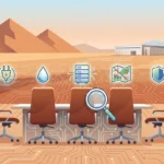 Five empty chairs in a Sonoran desert setting with a data center in the background with a magnifying glass and some icons indicating search for water, infrastructure, location and other items.