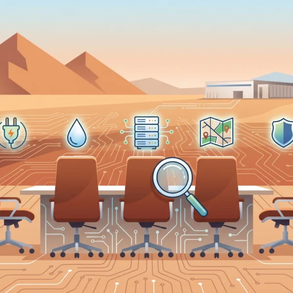Five empty chairs in a Sonoran desert setting with a data center in the background with a magnifying glass and some icons indicating search for water, infrastructure, location and other items.