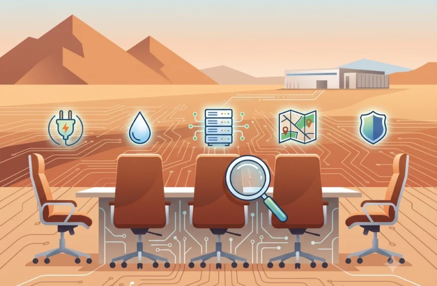 Five empty chairs in a Sonoran desert setting with a data center in the background with a magnifying glass and some icons indicating search for water, infrastructure, location and other items.