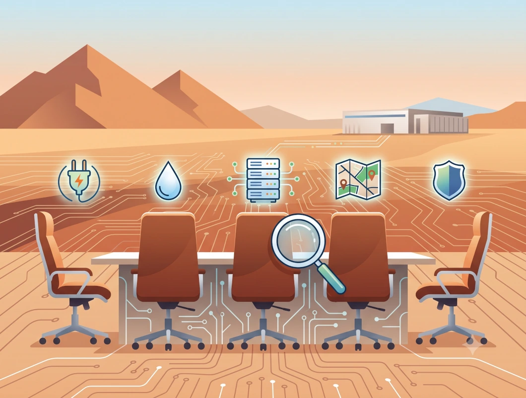 Five empty chairs in a Sonoran desert setting with a data center in the background with a magnifying glass and some icons indicating search for water, infrastructure, location and other items.