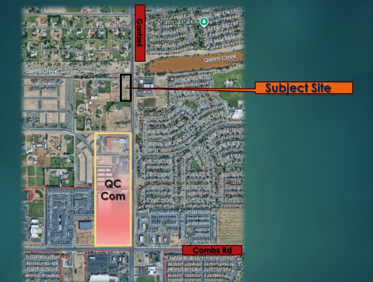 Aerial map with a callout labeled Subject Site marking the annexation parcel on the west side of Gantzel Road just south of the Queen Creek wash. A highlighted area labeled QC Com marks a commercial corridor farther south along Gantzel, with Combs Road at the bottom of the frame.