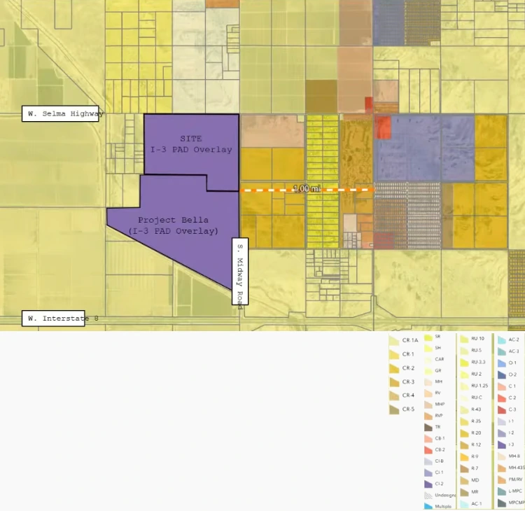 Zoning map showing the Project Midway site labeled SITE I-3 PAD Overlay at the southwest corner of W Selma Highway and S Midway Road with the Project Bella parcel immediately to the south sharing the same I-3 PAD Overlay designation shown in purple both surrounded by mostly yellow agricultural land