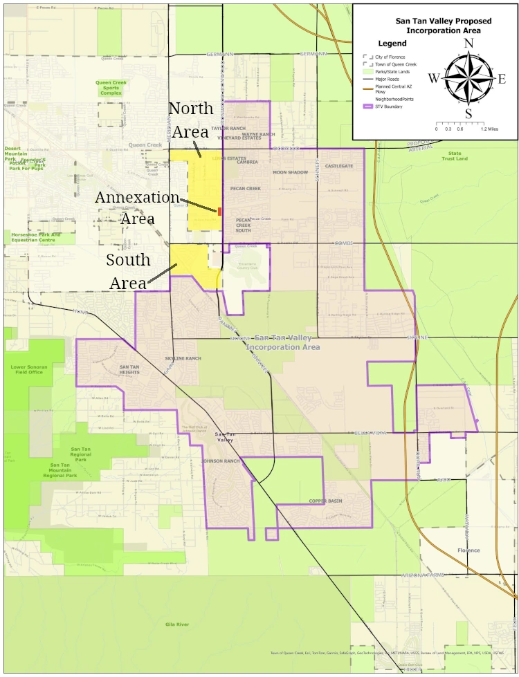 Map of Queen Creeks municipal planning boundary showing the northern amendment area which contains the Gantzel Road site now before San Tan Valley and the southern area that Queen Creeks council removed from its planning boundary on June 3