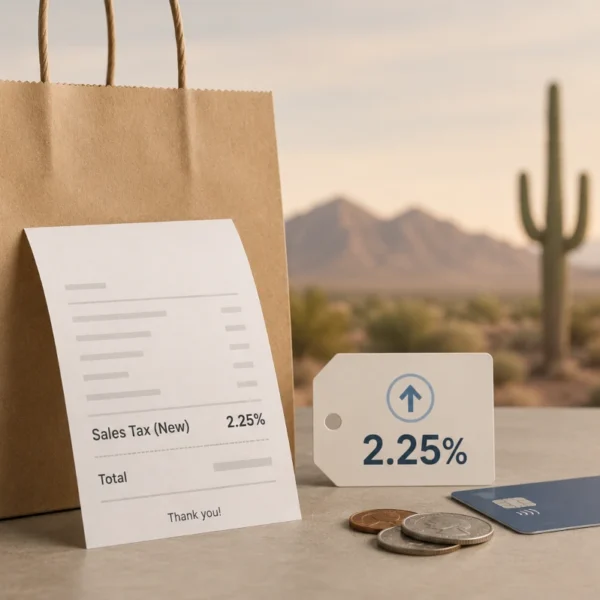 A paper shopping bag, receipt reading “Sales Tax (New) 2.25%,” a 2.25% tag, coins, and a payment card sit on a tabletop against a blurred Sonoran desert backdrop with mountains and a saguaro cactus, illustrating San Tan Valley’s new town sales tax.