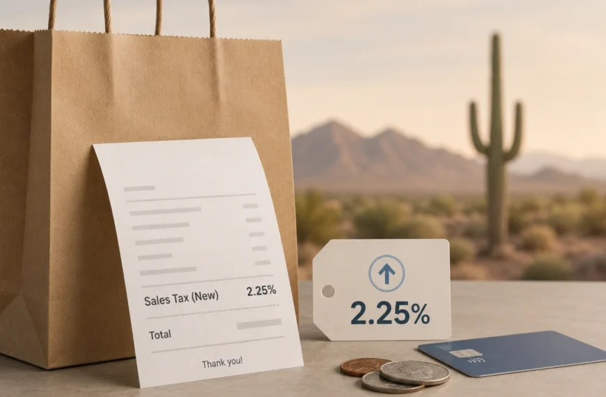 A paper shopping bag, receipt reading “Sales Tax (New) 2.25%,” a 2.25% tag, coins, and a payment card sit on a tabletop against a blurred Sonoran desert backdrop with mountains and a saguaro cactus, illustrating San Tan Valley’s new town sales tax.