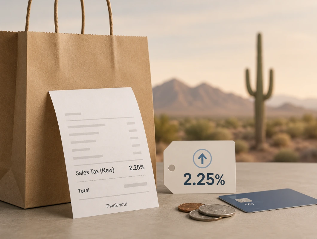 A paper shopping bag, receipt reading “Sales Tax (New) 2.25%,” a 2.25% tag, coins, and a payment card sit on a tabletop against a blurred Sonoran desert backdrop with mountains and a saguaro cactus, illustrating San Tan Valley’s new town sales tax.