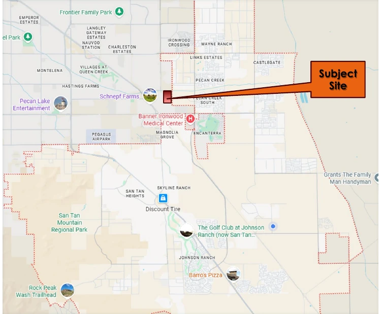 Vicinity map with a callout labeled Subject Site marking the annexation parcel at Gantzel Road and Lone Star Lane on the western edge of San Tan Valleys boundary shown as a red dashed line Nearby landmarks include Schnepf Farms Pecan Creek and Banner Ironwood Medical Center