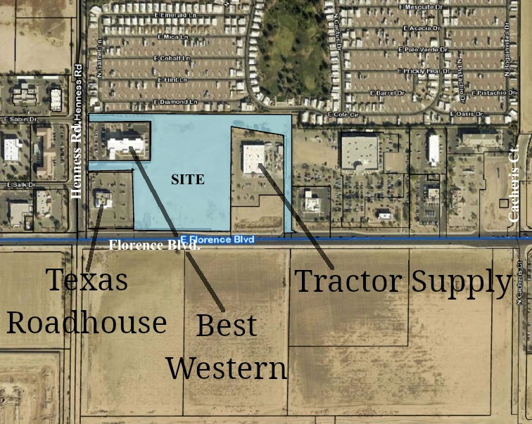 Aerial view of the roughly 14-acre site highlighted on the north side of Florence Boulevard between Henness Road and Cacheris Court with the Palm Creek community just north of it