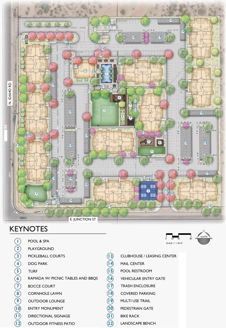 Site plan of the Bella Norte apartments at Idaho Road and Junction Street showing ten buildings around a central pool clubhouse playground pickleball courts and dog park