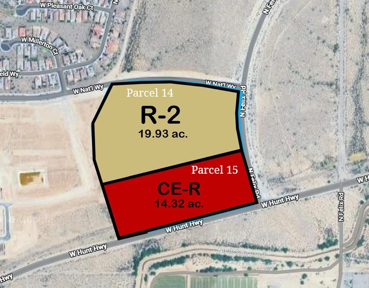 Aerial map of the corner property at Felix Road and Hunt Highway showing the northern 1993 acres labeled Parcel 14 R-2 in tan for single-family homes and the southern 1432 acres labeled Parcel 15 CE-R in red for commercial use along Hunt Highway