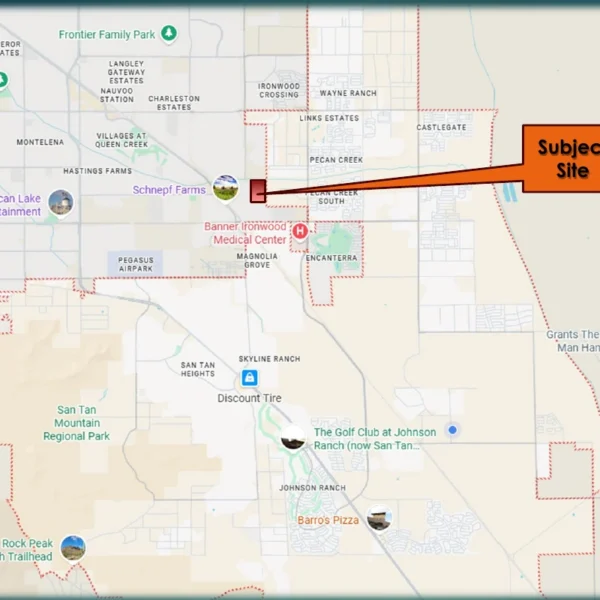 Vicinity map marking the San Tan Valley annexation site at Gantzel Road and Lone Star Lane just outside the town's western boundary, near Schnepf Farms, Pecan Creek and Banner Ironwood Medical Center