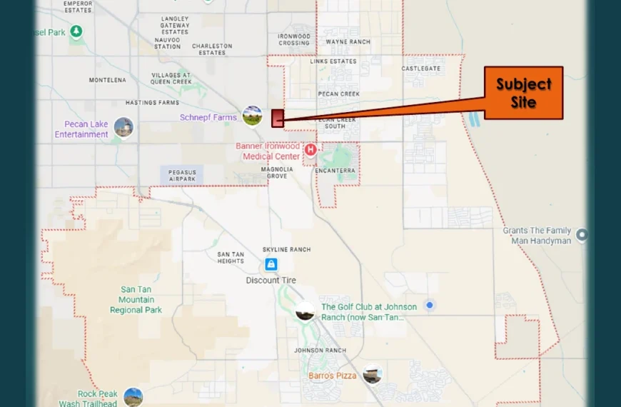 Vicinity map marking the San Tan Valley annexation site at Gantzel Road and Lone Star Lane just outside the town's western boundary, near Schnepf Farms, Pecan Creek and Banner Ironwood Medical Center