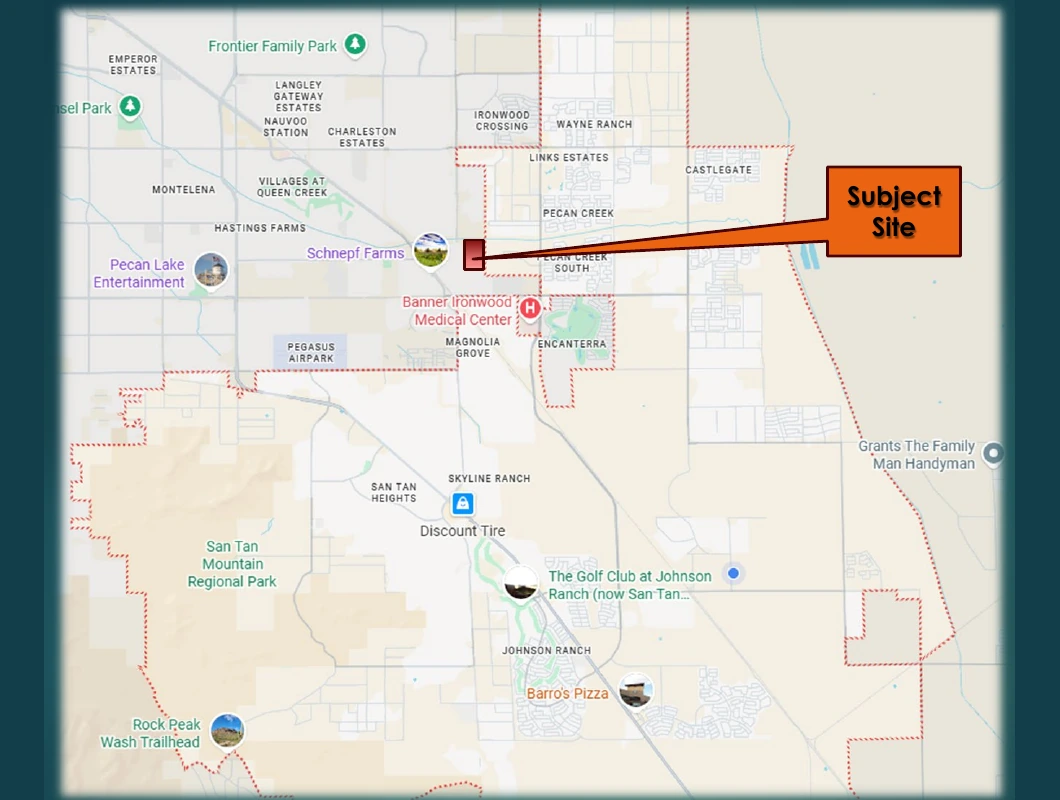 Vicinity map marking the San Tan Valley annexation site at Gantzel Road and Lone Star Lane just outside the town's western boundary, near Schnepf Farms, Pecan Creek and Banner Ironwood Medical Center