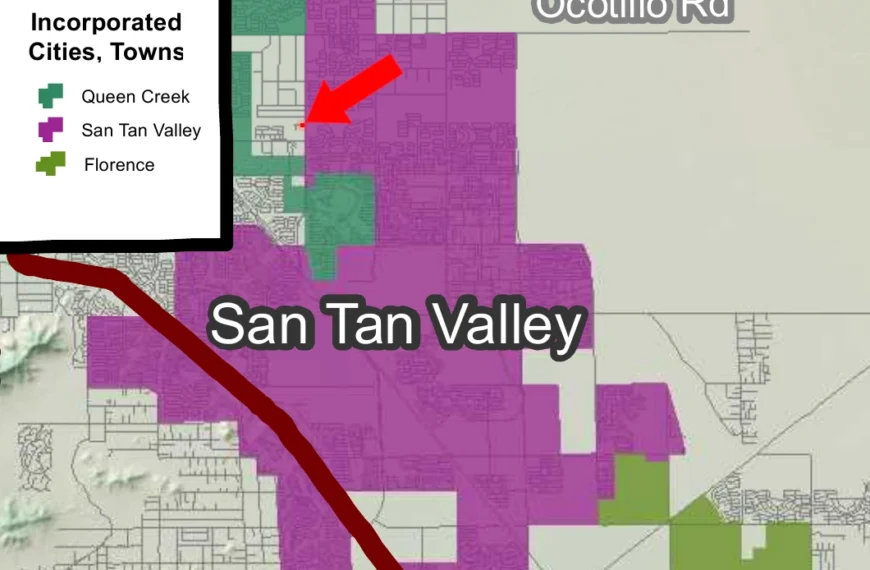 Map showing incorporated town boundaries with Queen Creek in green, San Tan Valley in purple and Florence in olive. A red arrow points to the small annexation parcel in unincorporated county land at Gantzel Road and Lone Star Lane, just outside San Tan Valley's boundary.