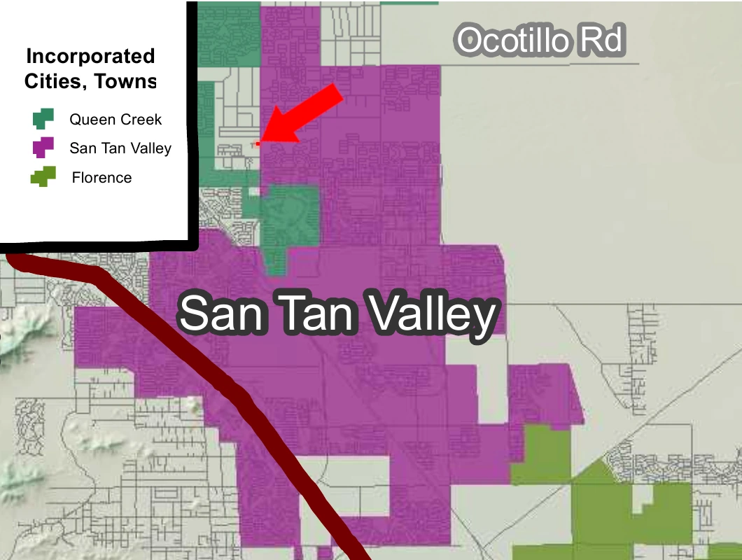Map showing incorporated town boundaries with Queen Creek in green, San Tan Valley in purple and Florence in olive. A red arrow points to the small annexation parcel in unincorporated county land at Gantzel Road and Lone Star Lane, just outside San Tan Valley's boundary.