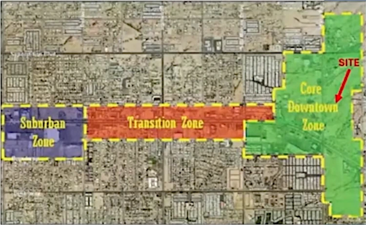 Aerial map of Apache Junctions downtown plan zones with the Bella Norte site marked inside the Core Downtown Zone east of the Transition and Suburban zones