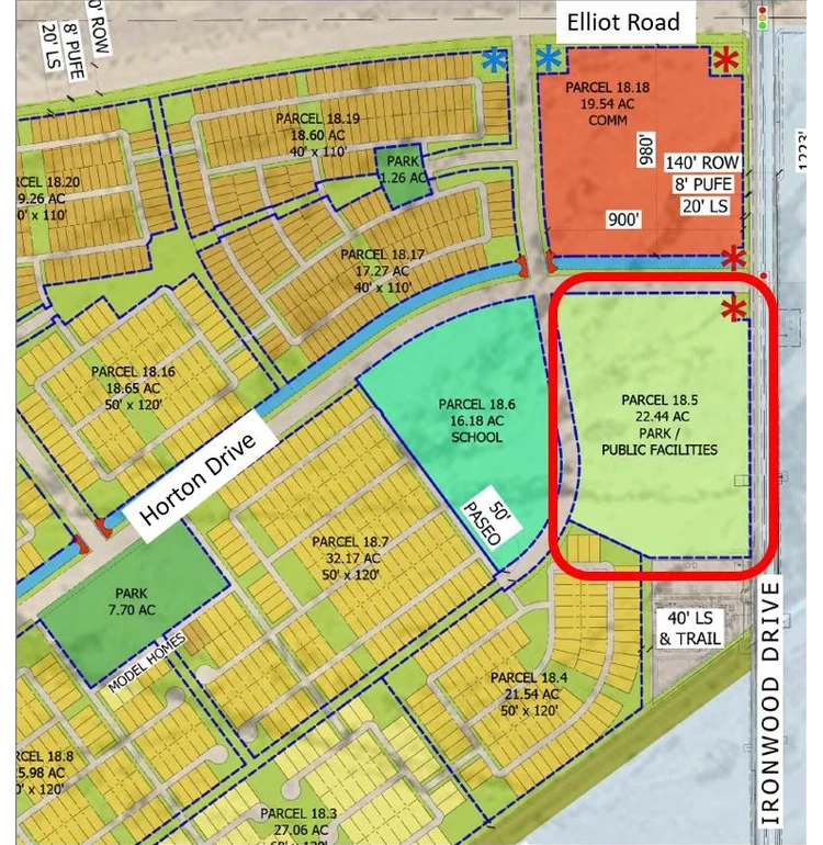 Vicinity map showing the 22-acre site for the Apache Junction City Services Expansion Parcel 185 outlined in red between Horton Drive and Ironwood Drive south of Elliot Road