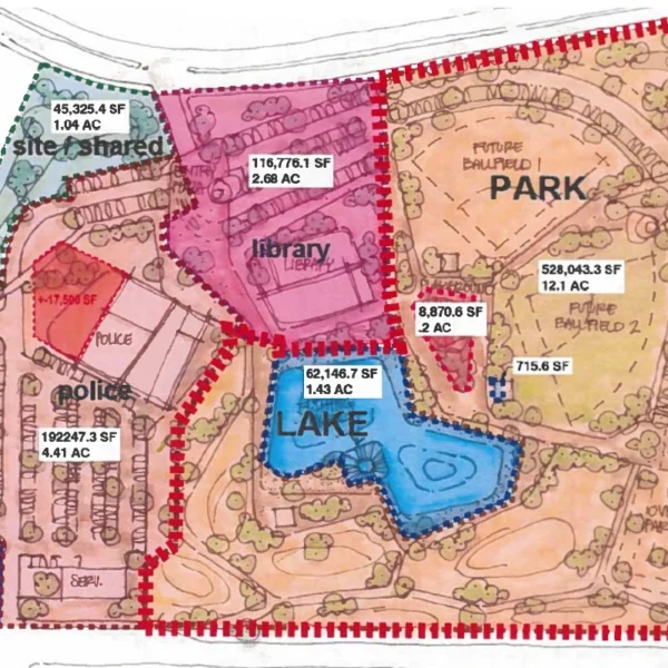 Colored site plan of Apache Junction's City Services Expansion, with labeled areas for the police substation, branch library, community park, 1.43-acre fishing lake, and parks maintenance yard.