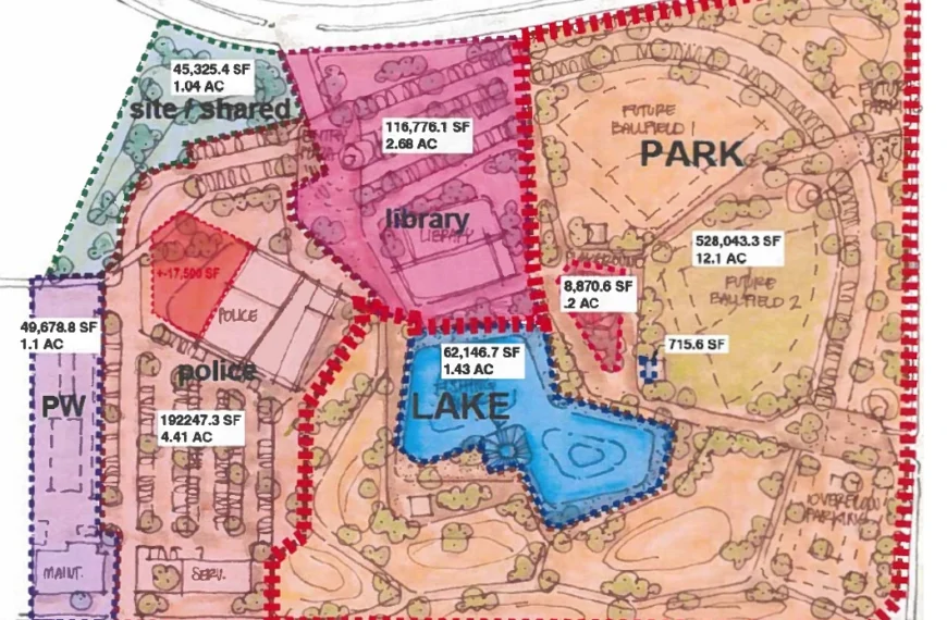 Colored site plan of Apache Junction's City Services Expansion, with labeled areas for the police substation, branch library, community park, 1.43-acre fishing lake, and parks maintenance yard.
