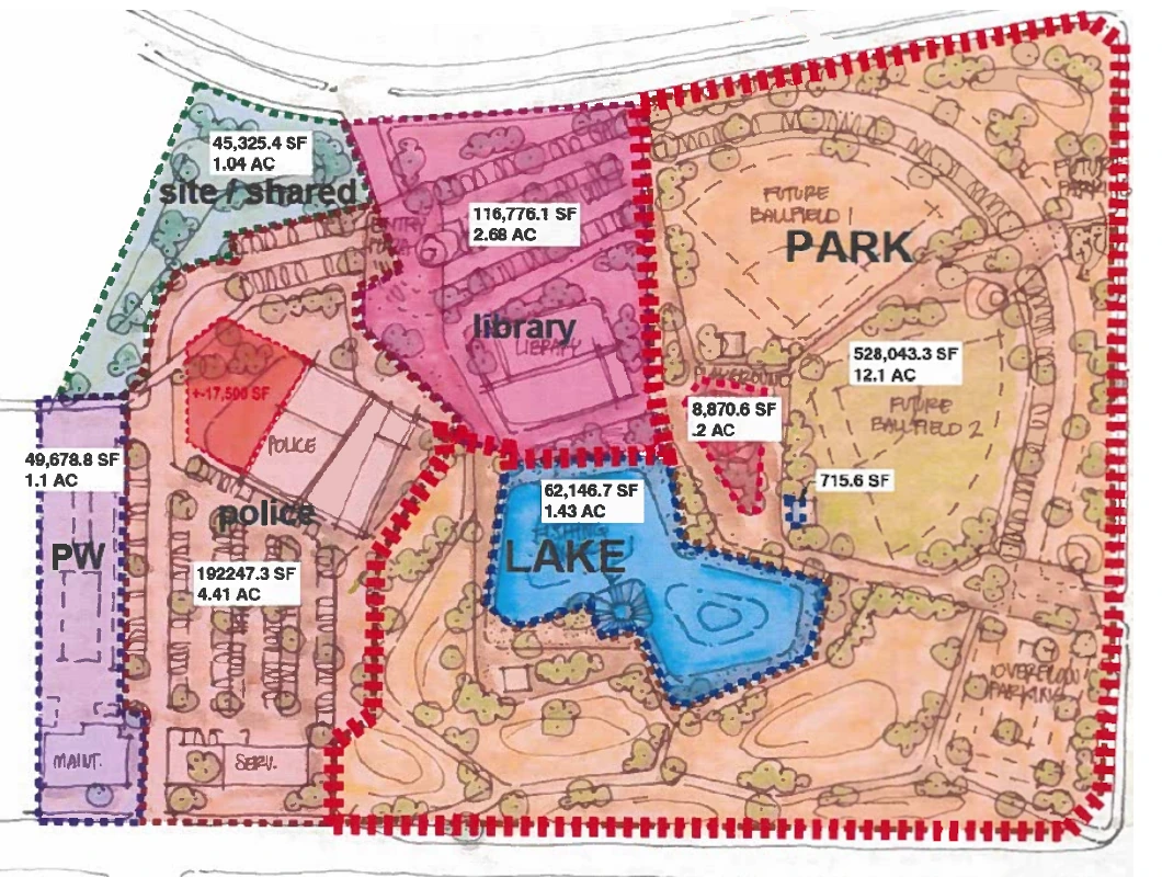 Colored site plan of Apache Junction's City Services Expansion, with labeled areas for the police substation, branch library, community park, 1.43-acre fishing lake, and parks maintenance yard.
