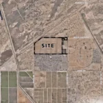 Aerial image showing the 260-acre Barcello Farms site outlined in black between Felix Road and Cooper Road, south of Bella Vista Road. The built subdivisions of Magma Ranch I sit directly to the south and Magma Ranch II to the southeast. Agricultural fields extend to the west and southwest, with open desert and foothills to the north and east.