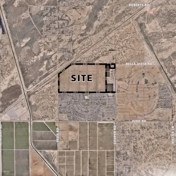 Aerial image showing the 260-acre Barcello Farms site outlined in black between Felix Road and Cooper Road, south of Bella Vista Road. The built subdivisions of Magma Ranch I sit directly to the south and Magma Ranch II to the southeast. Agricultural fields extend to the west and southwest, with open desert and foothills to the north and east.