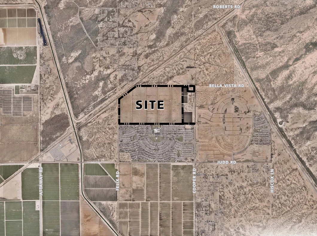 Aerial image showing the 260-acre Barcello Farms site outlined in black between Felix Road and Cooper Road, south of Bella Vista Road. The built subdivisions of Magma Ranch I sit directly to the south and Magma Ranch II to the southeast. Agricultural fields extend to the west and southwest, with open desert and foothills to the north and east.