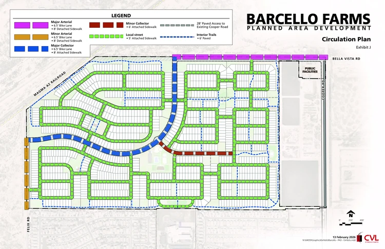 Barcello Farms circulation plan showing the internal road network A major collector road enters from Felix Road on the west and curves through the site to Bella Vista Road on the north Local streets branch off throughout The southern boundary against Magma Ranch has no street connections A single narrow paved lane connects to the school Interior trails wrap the perimeter and a Public Facilities parcel sits at the northeast corner of Bella Vista Road and Cooper Road