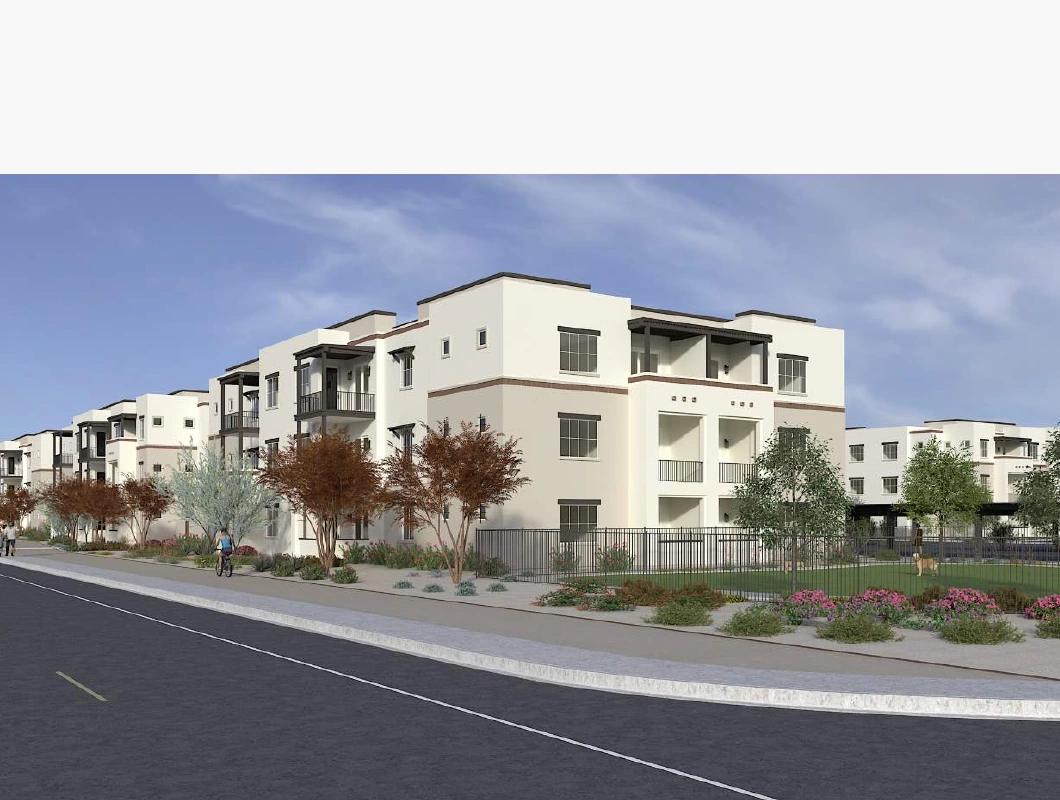 Rendering of Bella Norte's three-story apartment buildings along the street, with balconies, desert landscaping and a fenced dog run