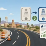 Illustration: a road under construction leads to a desert town; a "2016 bonds" certificate arrows to "new bonds," and a property tax bill shows a rising chart.