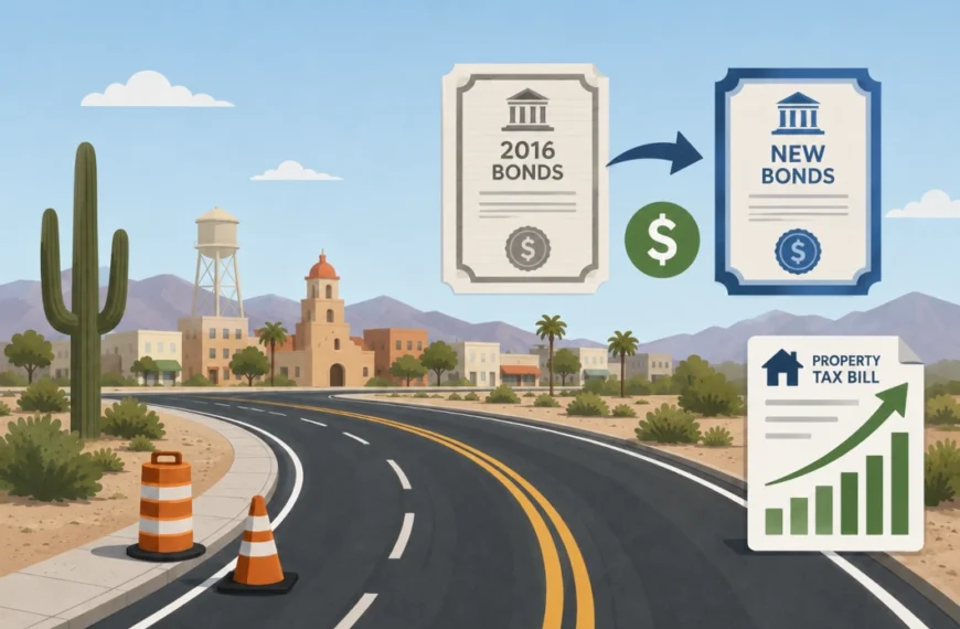 Illustration: a road under construction leads to a desert town; a "2016 bonds" certificate arrows to "new bonds," and a property tax bill shows a rising chart.
