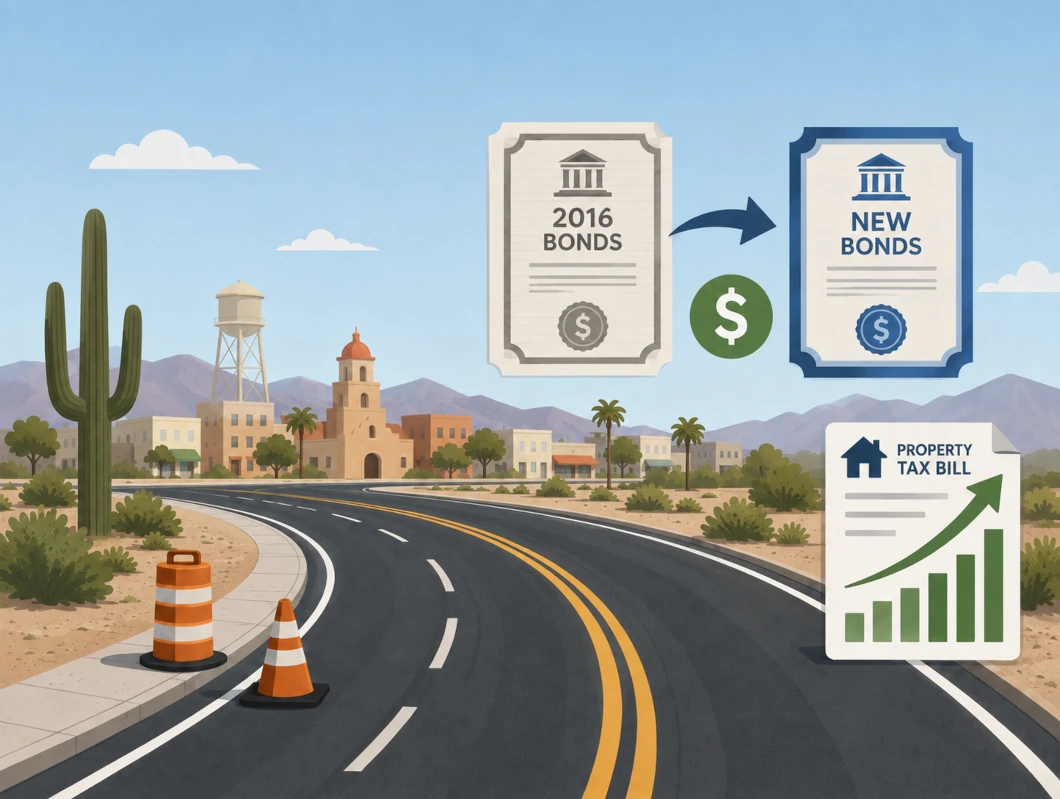Illustration: a road under construction leads to a desert town; a "2016 bonds" certificate arrows to "new bonds," and a property tax bill shows a rising chart.