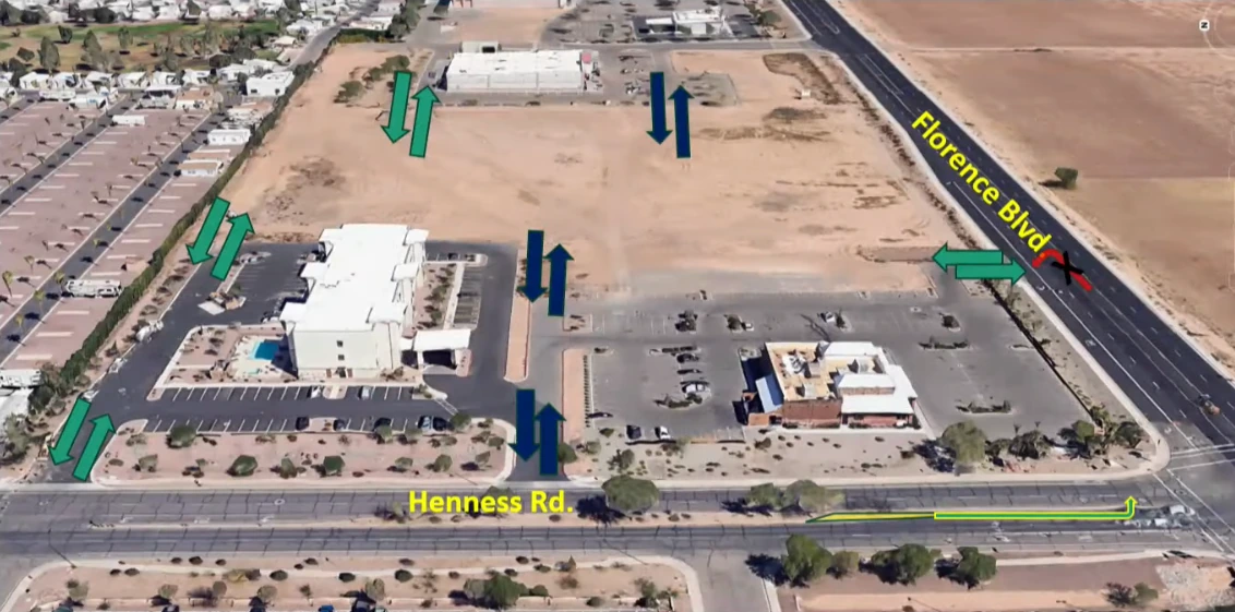 Angled aerial view of the site marked with arrows for planned access points a red X on the shared Texas Roadhouse driveway where left turns in from Florence Boulevard will be prohibited and a yellow line on Henness Road showing the extended southbound left-turn lane