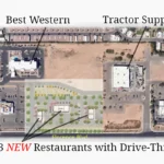 Aerial view showing the proposed location of three new drive-thru restaurants on Florence Boulevard between Best Western and Tractor Supply in Casa Grande.