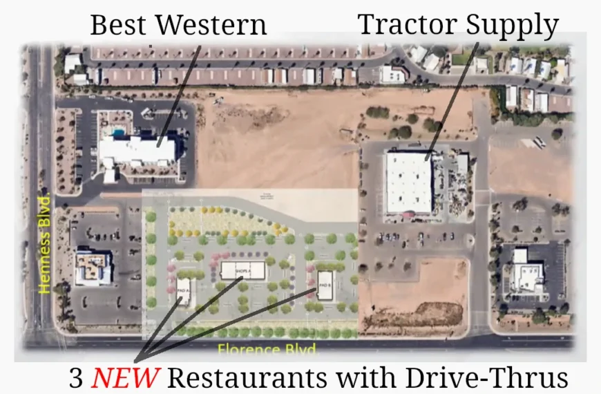 Aerial view showing the proposed location of three new drive-thru restaurants on Florence Boulevard between Best Western and Tractor Supply in Casa Grande.