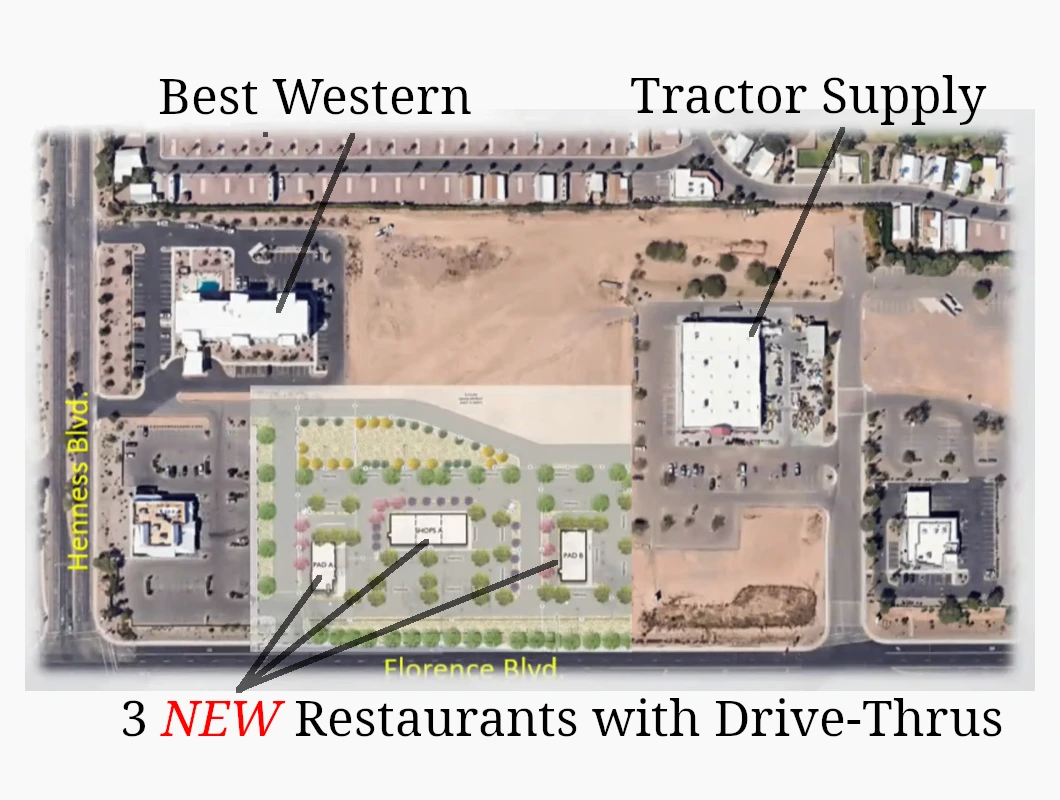 Aerial view showing the proposed location of three new drive-thru restaurants on Florence Boulevard between Best Western and Tractor Supply in Casa Grande.