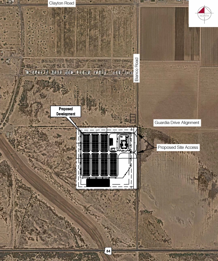 Site plan on aerial imagery showing the proposed battery containers the on-site substation and two gated driveways on Bianco Road
