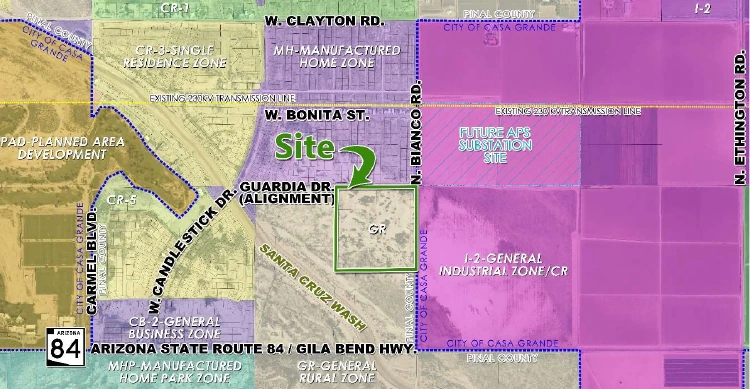 Zoning map showing manufactured home and single residence districts north of the Desert Crest site and general industrial zoning east across Bianco Road