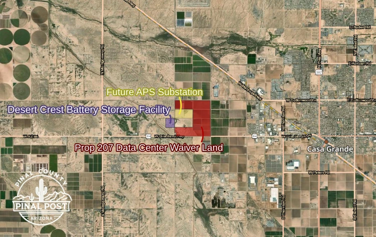 Aerial map showing the Desert Crest battery storage site the future APS substation and the 480-acre data center waiver land west of Casa Grande