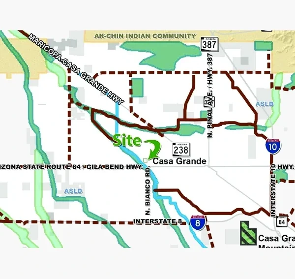Regional map showing the Desert Crest Energy Storage site in unincorporated Pinal County just west of the Casa Grande city limits.