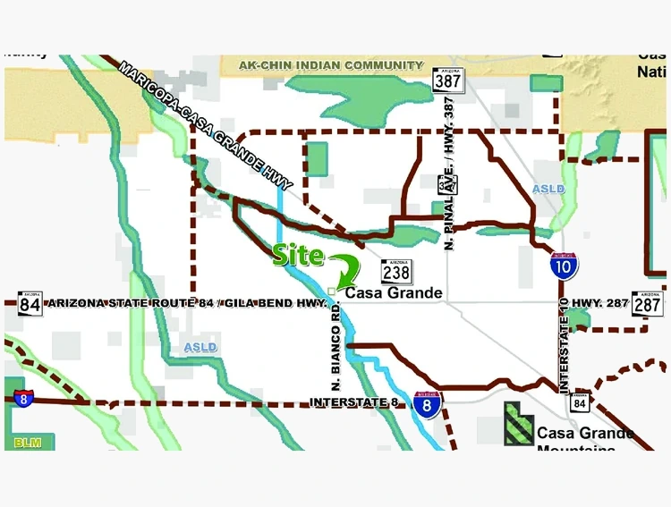 Regional map showing the Desert Crest Energy Storage site in unincorporated Pinal County just west of the Casa Grande city limits.