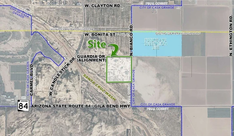 Site map showing the Desert Crest battery storage parcel the future APS substation site across Bianco Road and the Casa Grande city limits line