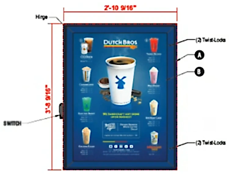 Diagram of a wall-mounted Dutch Bros menu sign an LED-lit box with a hinged frame holding a printed drink menu panel