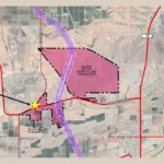 Aerial map from the developer's Aug. 4 presentation showing El Dorado's landholdings in pink, divided into North Village and South Village planning areas along Hunt Highway. A yellow star marks the 34-acre rezoning site at Felix Road and Hunt Highway, and a purple band marks the planned 1,500-foot North-South Freeway corridor running between the two areas.