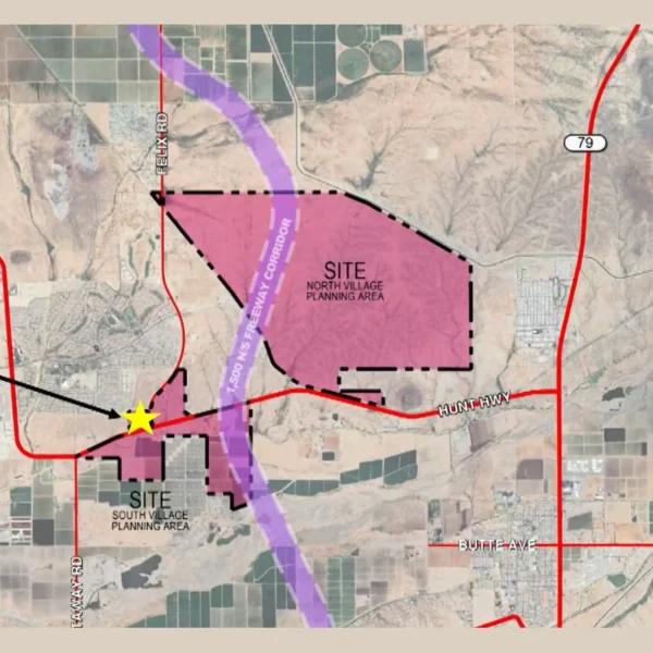 Aerial map from the developer's Aug. 4 presentation showing El Dorado's landholdings in pink, divided into North Village and South Village planning areas along Hunt Highway. A yellow star marks the 34-acre rezoning site at Felix Road and Hunt Highway, and a purple band marks the planned 1,500-foot North-South Freeway corridor running between the two areas.