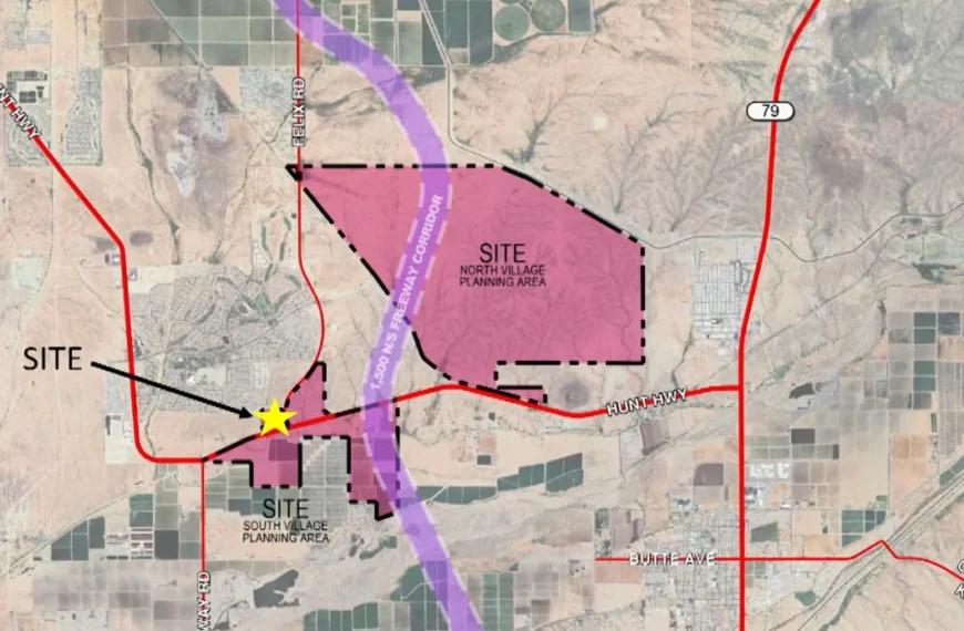 Aerial map from the developer's Aug. 4 presentation showing El Dorado's landholdings in pink, divided into North Village and South Village planning areas along Hunt Highway. A yellow star marks the 34-acre rezoning site at Felix Road and Hunt Highway, and a purple band marks the planned 1,500-foot North-South Freeway corridor running between the two areas.